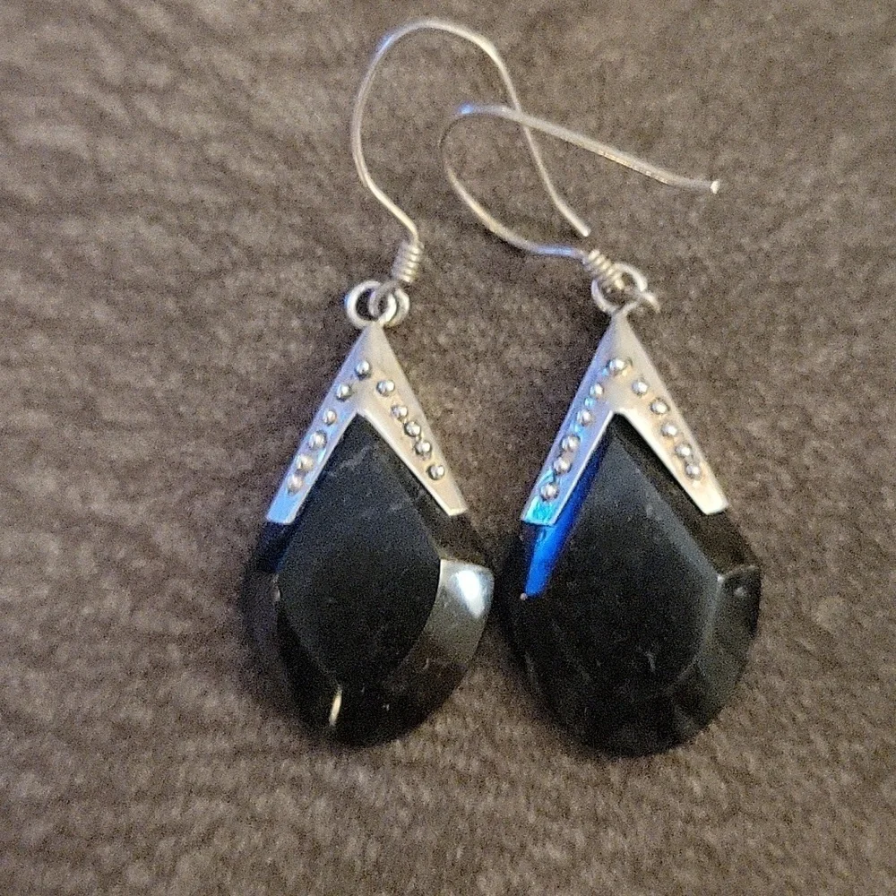 VTG Estate Art Deco Onyx Sterling Silver Teardrop Dangle Hook Earrings
